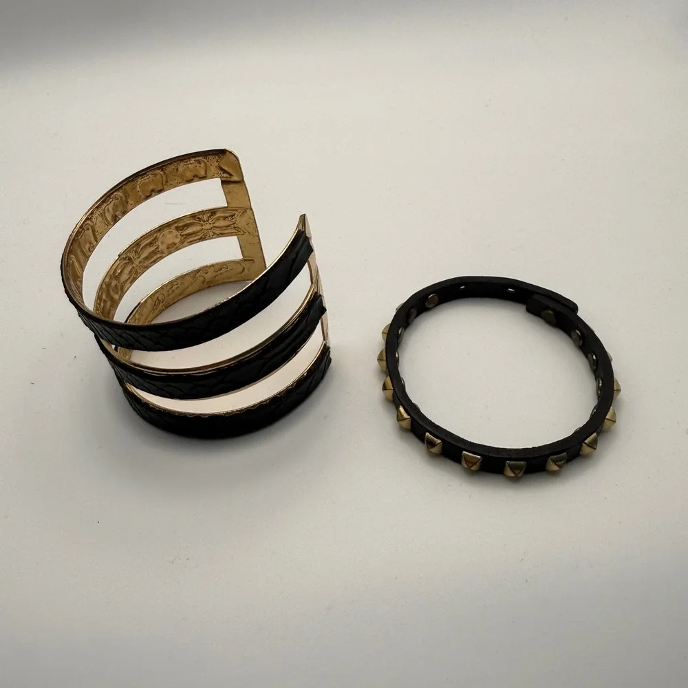 Black Gold Cuff Studded Bracelet Set Snakeskin Textured‎ Edgy Jewelry Punk Goth